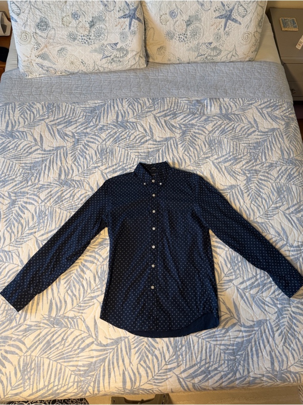 J. Crew Navy Slim Untucked Shirt with Small White Dot Motif